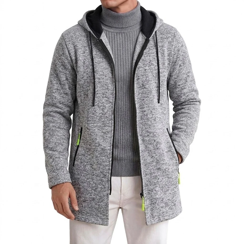 Herren Zip-Hoodie-Jacke, Herbst, lässig, warm, Fleece, Kapuzen-Trenchcoat, Thermo-Winter-Oberbekleidung mit Reißverschlusstaschen, Sweatshirt mit Reißverschluss – Detail 4