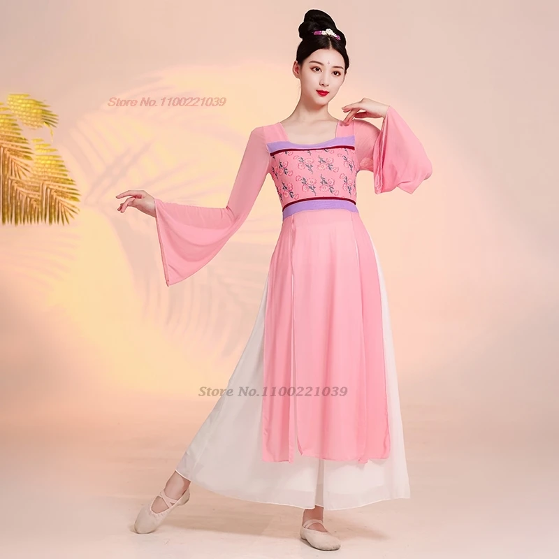 2024 chinese vintage dance costume national flower print hanfu tops+pants traditional dancer practice stage performance set