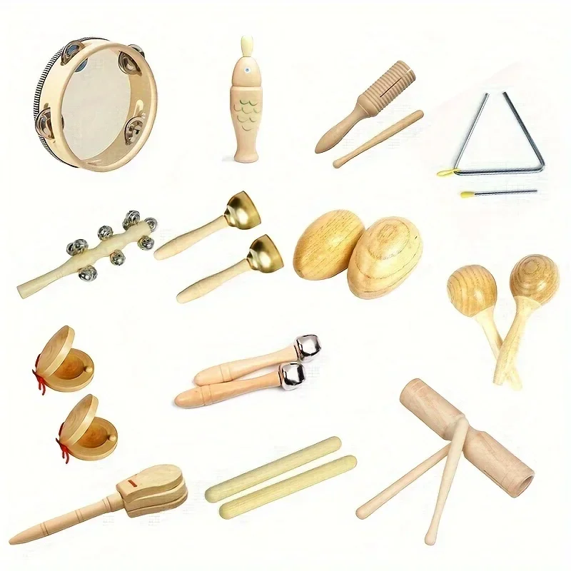 2025 New Wooden Orff Percussion Instrument Set with Clappers, Castanets, Sand Hammer & Double Tubes - Perfect for Decorations