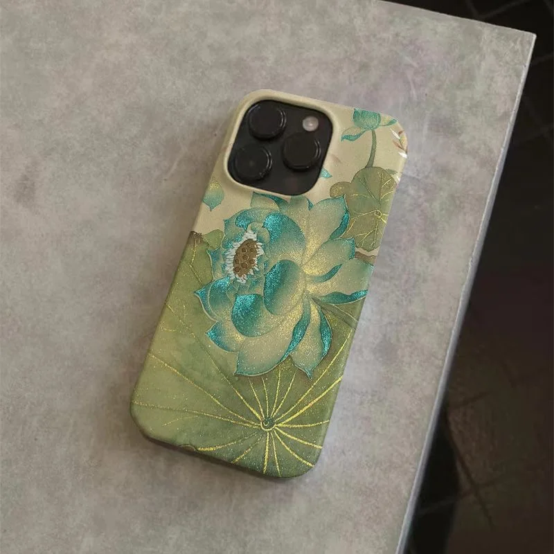 Elegant Traditional Chinese Art Glittering Lotus Pattern Phone Case for iPhone 16 15 14 11 12 13 Pro Max Plus Back Cover