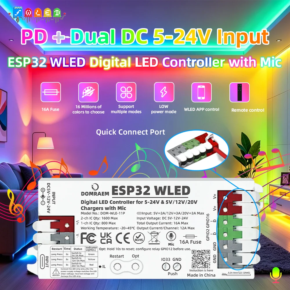 Controlador LED Endereçável DOMRAEM ESP32 2CH WLED com Microfone Integrado, Suporta PD 5V/12V/20V e Entrada Ampla DC 5-24V, Fusível de 16A