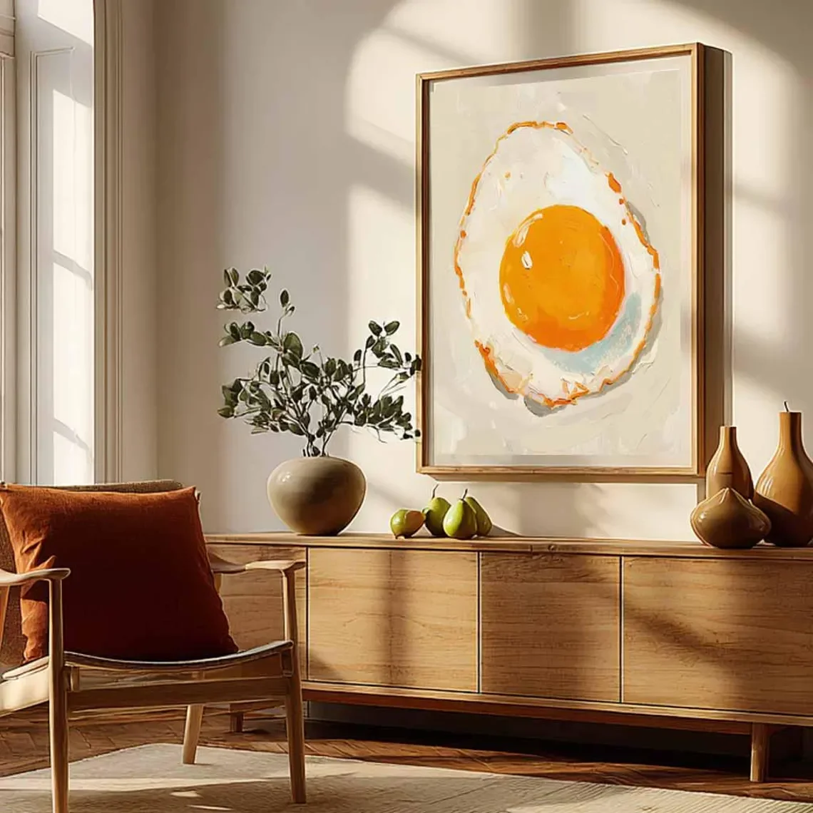 Sunny Side Up Fried Egg – Textured Impressionist Oil Painting Print, Modern Kitchen Wall Decor, Breakfast Art for Dining Room &