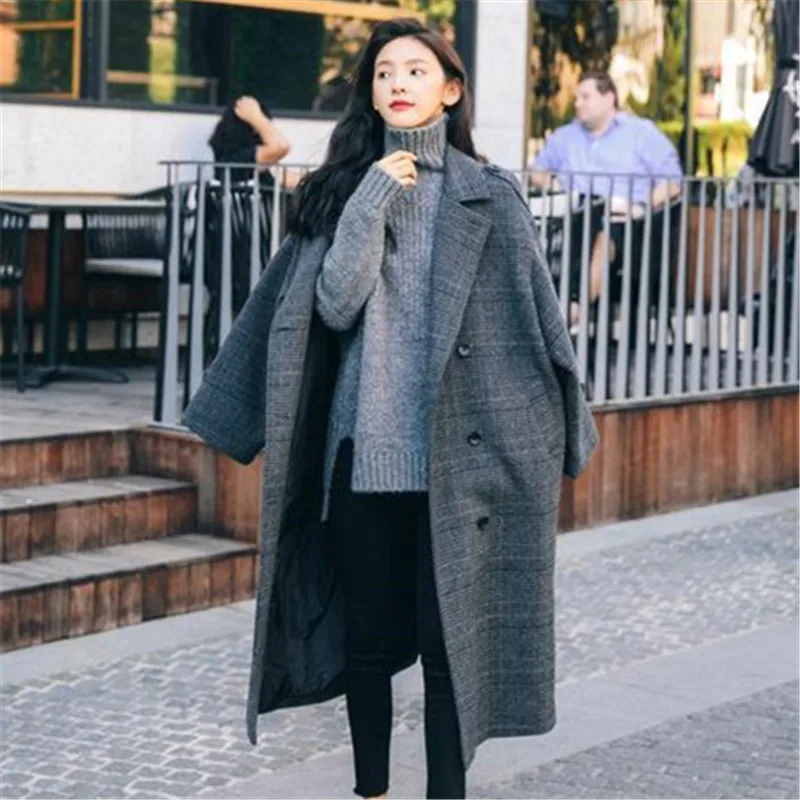 

Women's Winter Coats Pop Plaid Lapel Double-breasted Long Woolen Jacket Thickened Loose Simple Commuter Overcoat Female ZM340