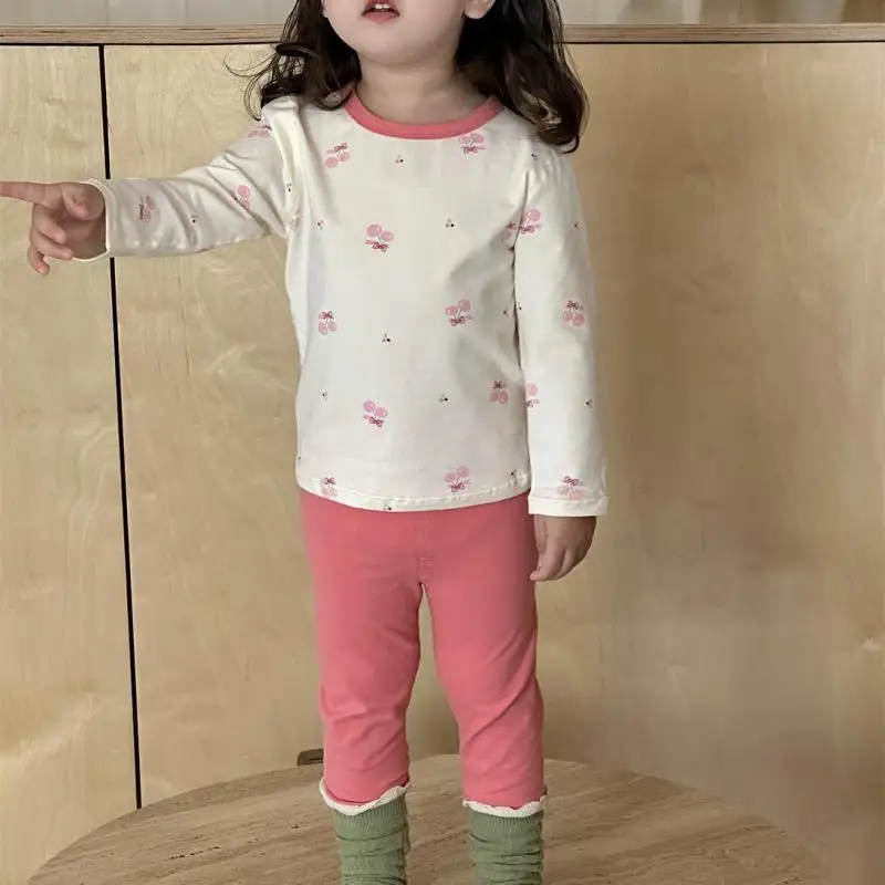 

2025 Autumn New Baby Girl Long Sleeve Clothes Set Cute Cherry Print Kids Pajamas Outfits For Girls Cotton Tops + Pants 2pcs Suit