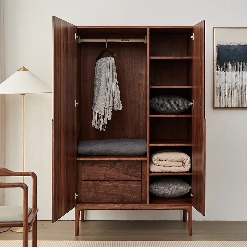 Schwarzer Walnuss-Kleiderschrank aus massivem Holz, Zuhause, Schlafzimmer, zweitüriger Kleiderschrank, nordischer leichter Luxus-Kleiderschrank mit Doppeltür