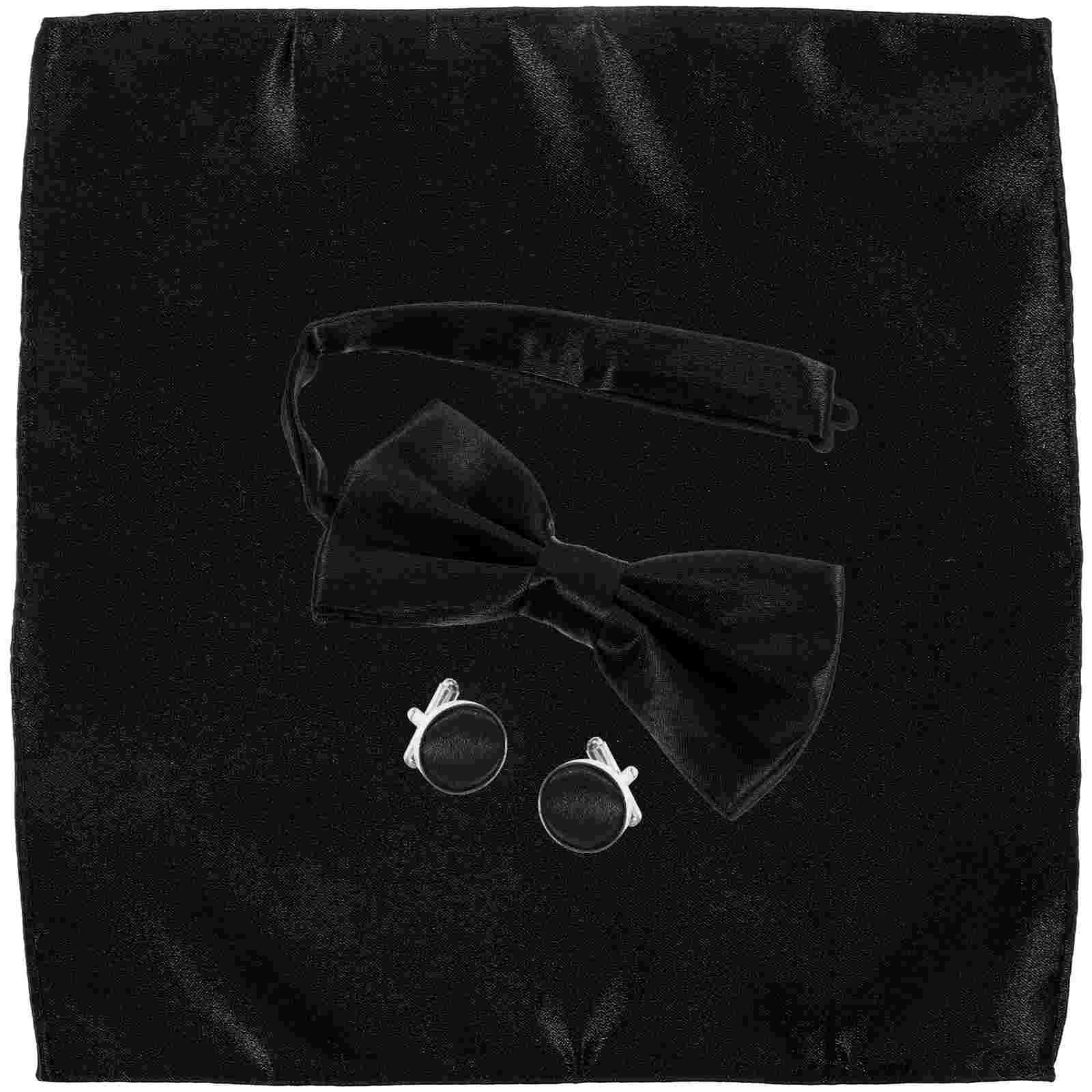 1 Set of Mens Cuff Link Satin Handkerchief Bow Tie Wedding Groom Cuff Link Clothes Decorations