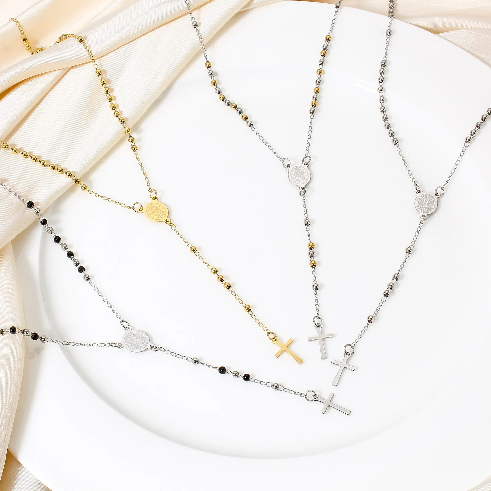 Stainless Steel Religious Link Cable Chain Necklace Cross Virgin Mary Prayer Beads For Women Gifts 49cm(19 2/8\