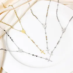Stainless Steel Religious Link Cable Chain Necklace Cross Virgin Mary Prayer Beads For Women Gifts 49cm(19 2/8