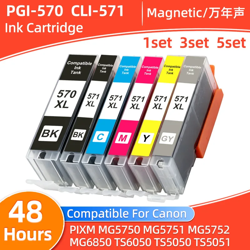 1SET 570 571 PGI-570 CLI-571 Ink Cartridge Compatible For Canon PIXMA MG5750  MG5751 MG5752 MG6850 TS6050  TS5050 TS5051 Printer