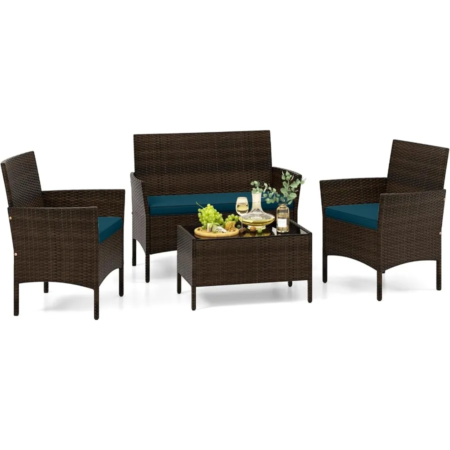 

4 Piece Patio Rattan Conversation Set Outdoor Wicker Furniture Set with Chair Loveseat Tempered Glass Table Cozy Seat