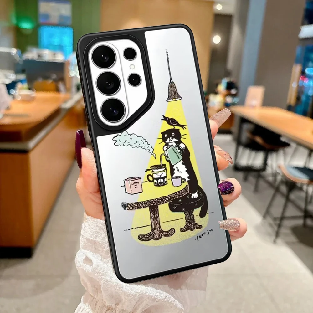 Cartoon Leisurely CatMirror Surface Magnetic Phone Cover for Samsung Galaxy S23 S24 S25 S26 Ultra S26+ Plus Case