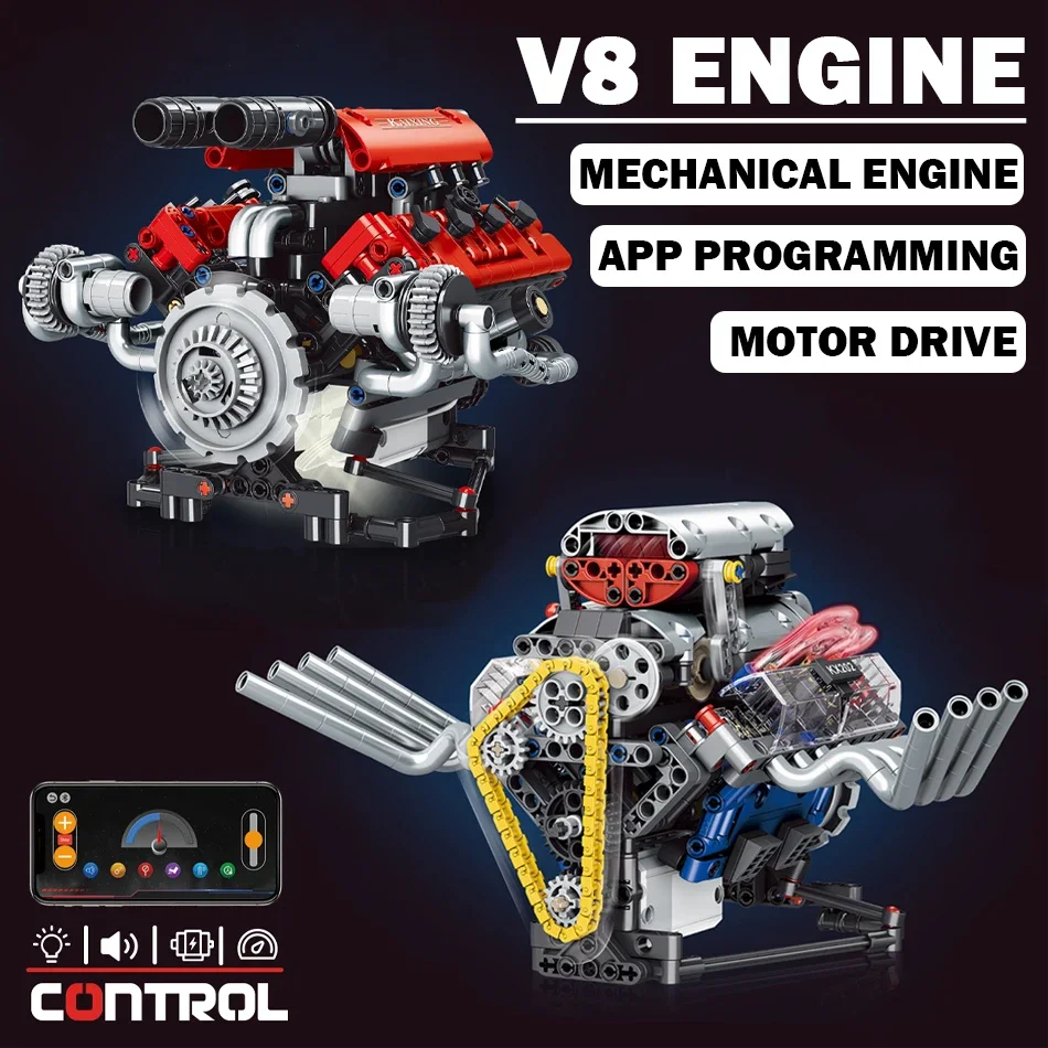 

MOC Technical V8 Engine Model Building Blocks Set LED APP Programming Motor Drive Supercar Engine Bricks Toys for Adult Kid Gift