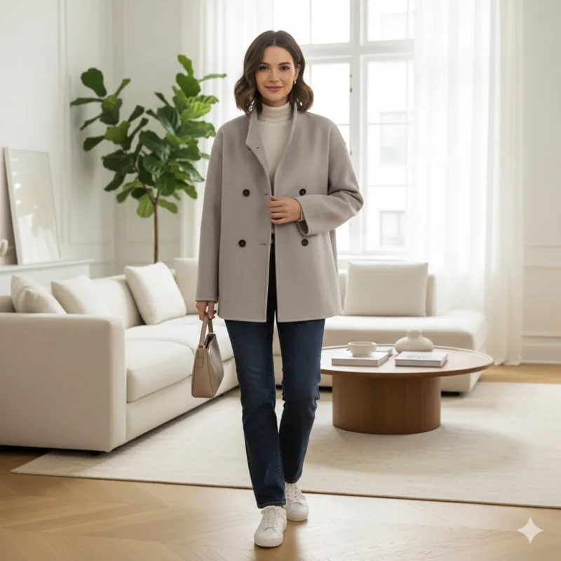 

Chic Women’s Woolen Short Coat With Warm Soft Fabric Stand Neck Design Suitable For Autumn Winter Daily Outfits Outerwear Style