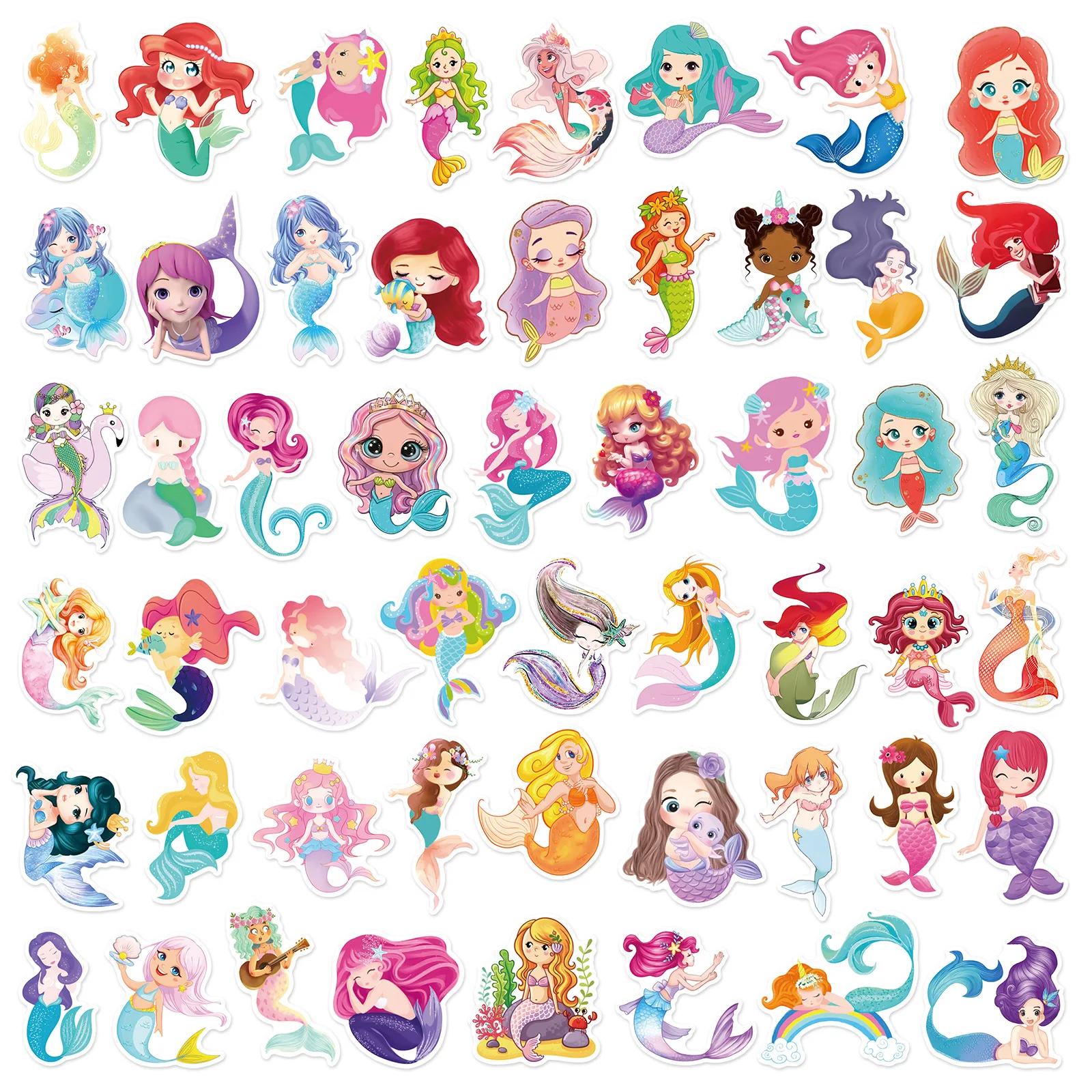 50 Sheets Cute Mermaid Graffiti Sticker Party Decoration Bicycle Cup Helmet Flat Cartoon Waterproof Sticker