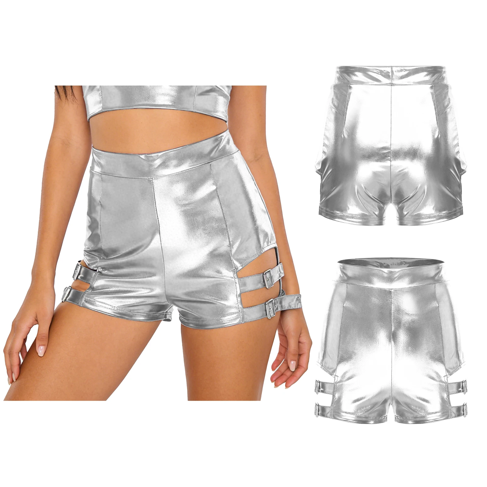 

Women Fashion Cutout High Waist Shorts Shiny Metal Buckles Straight Booty Shorts for Jazz Party Club Cheerleading Dance Bottoms