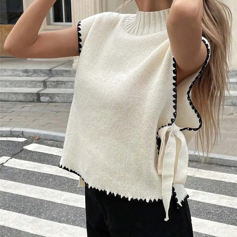 

Fashion O-neck Simple Design Vest Tops Women Casual Sleeveless Clashing Color Sweater Blouse Elegant Bow Tie Knitted Pullover