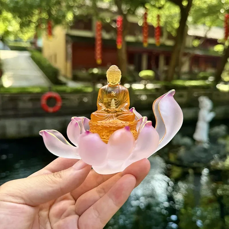Golden Buddha Statue Amber Glaze Desktop Ornament Zen Home Decor Ancient Temple Scenery Figurine Creative Office Desk