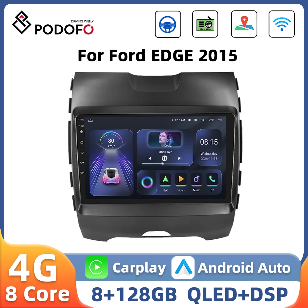 Podofo 8+128G 9'' Car Radio For Ford EDGE 2015 Multimedia Player Carplay Android Auto GPS Navigation AI Voice WIFI 4G Car Stereo