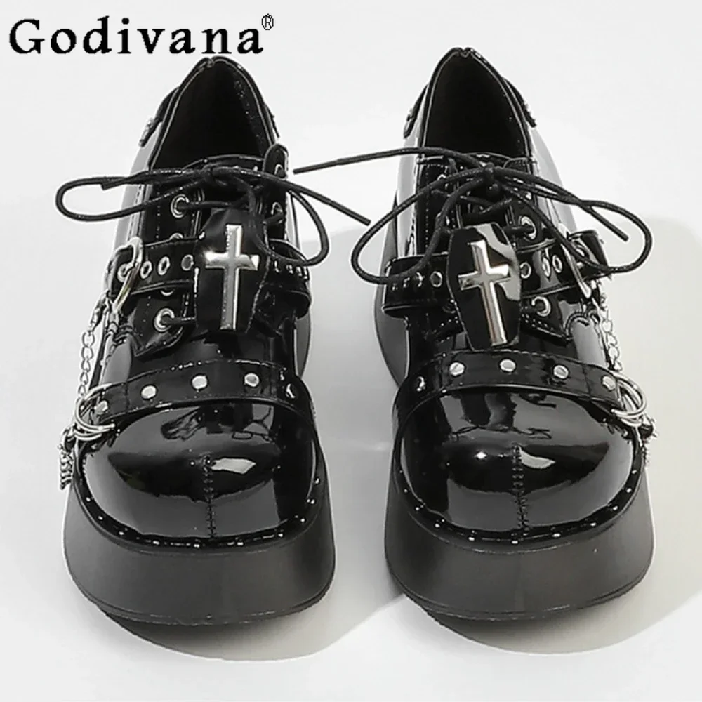 Zapatos de plataforma subcultura para mujer, zapatos góticos Y2k negros Punk Lolita, zapatos individuales, uniforme Jk, zapatos de tacón alto de cuero