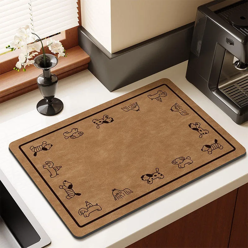 Cute Dog Pattern Diatomite Dish Drying Mat Ultra Absorbent Quick Dry Coffee Bar Mat for Kitchen Countertop Puppy Decor
