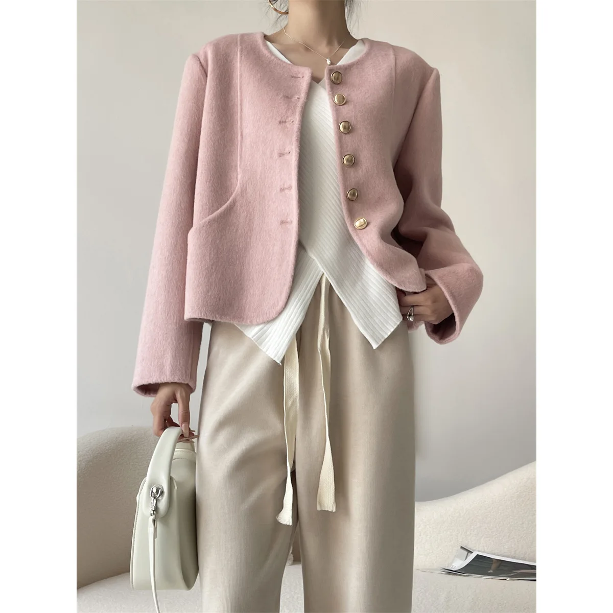 Fashion Solid Color Long Sleeve Round Neck Women's Overcoat 2023 Autumn Winter Korean Single Breasted Patchwork Wool Coat