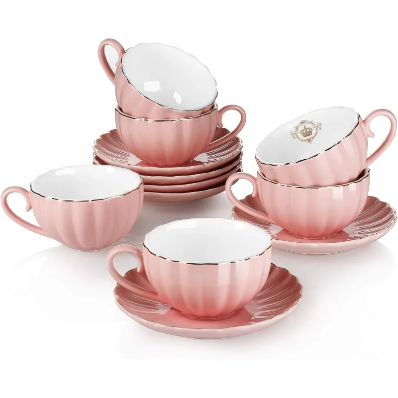 

Royal Tea Cups and Saucers, with Gold Trim and Gift Box, British Coffee Cups, Porcelain Tea Set, Set of 6 (8 oz)