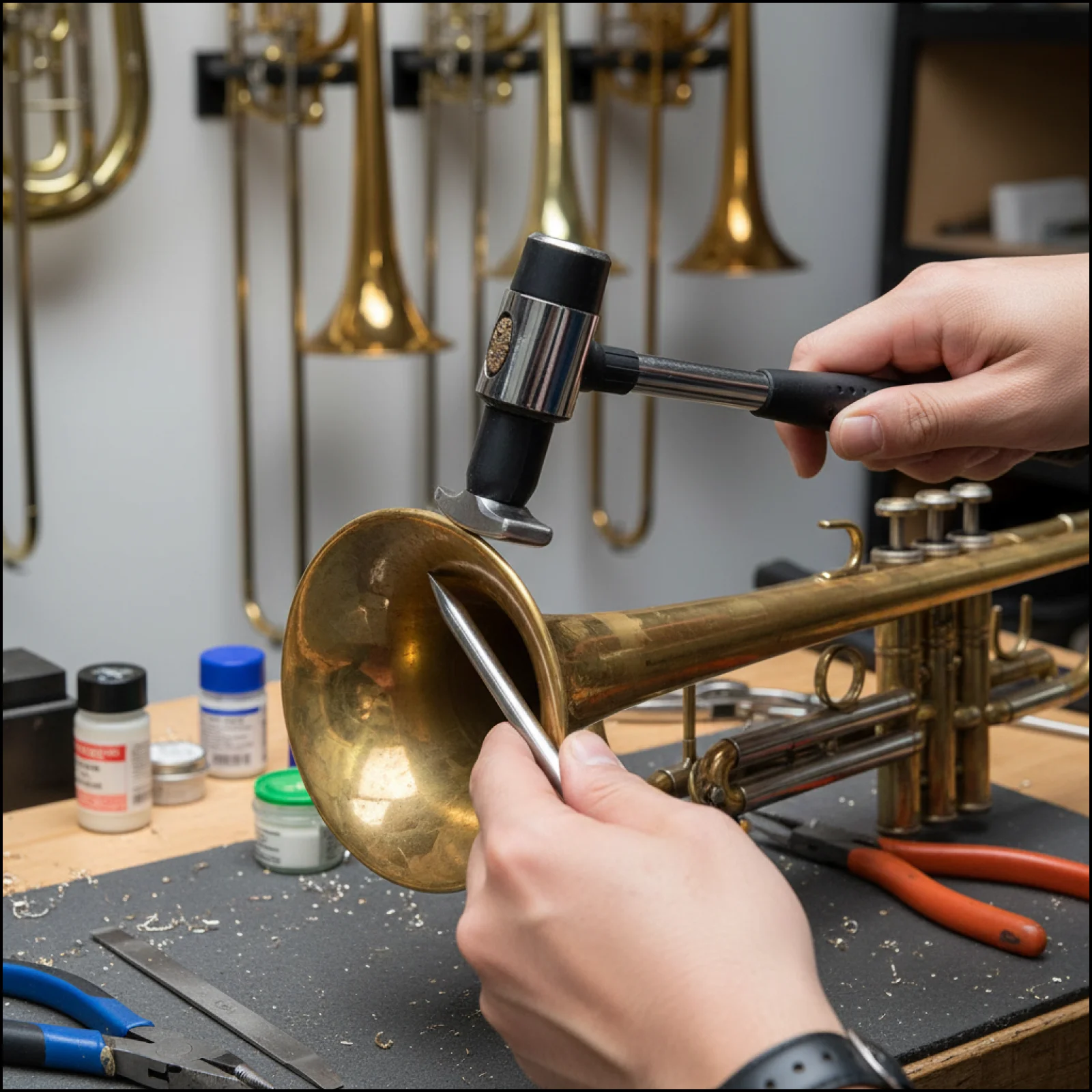 Martelo Profissional para Instrumentos de Sopro de Metal, Removedor de Amassados Compacto de Precisão para Trompete, Trombone e Tuba