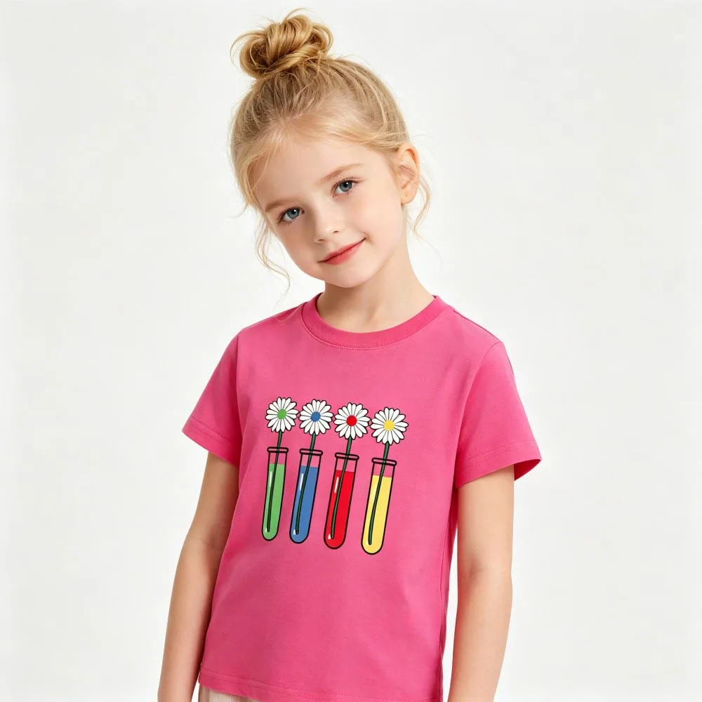 Girls T Shirts 100% Cotton Teenagers Toddler Kids Tshirt Flower Red White Black T-Shirt 1 to 2 4 5 6 7 8 9 10 11 12 13 14 Years