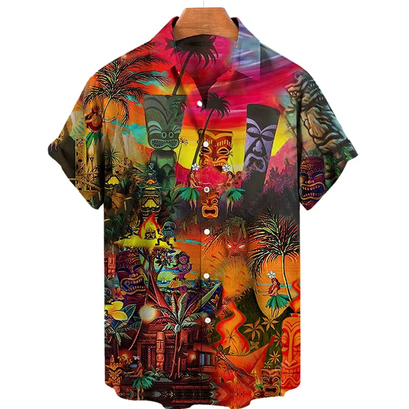 Polynesia Tiki 3D Print Blouses For Men Clothes God Statue Graphic Beach Shirts Hip Hop Hawaiian Short Sleeve Boy Y2k Button Top