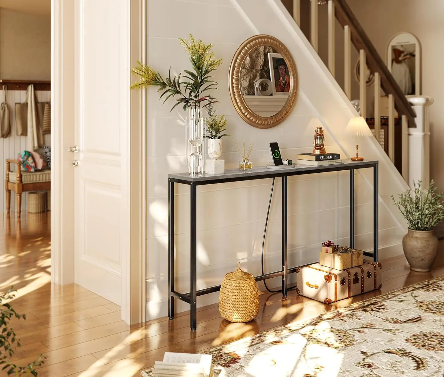 

Console Table with Outlet, 63 Inch Sofa Table with Charging Station, Narrow Entryway Table, Skinny Hallway Table