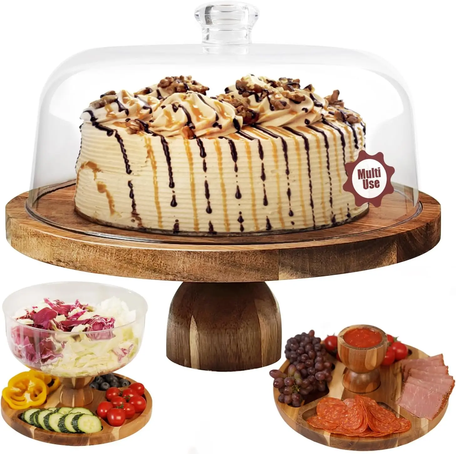 

Acacia Wood Cake Stand with Clear Lid, Large Display Plate, 2-in-1 Serving Platter for Desserts and Gifts