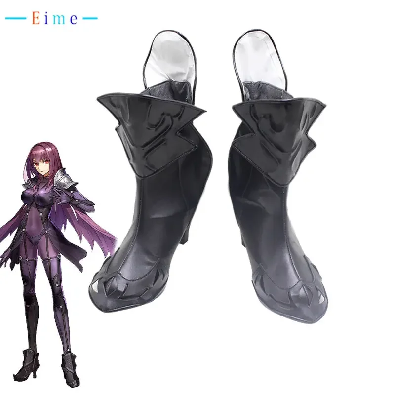 Jogo fgo scathach cosplay sapatos preto salto alto sapatos de couro do plutônio botas de carnaval de halloween feito sob encomenda