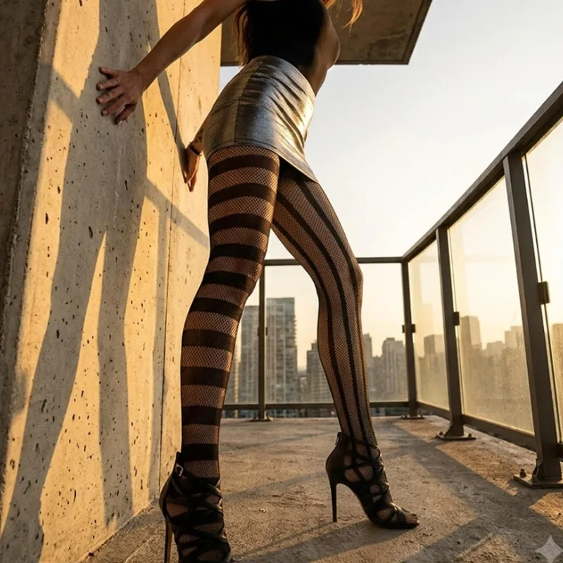 Punk Gothic Fishnet Tights Women Asymmetrical Contrast Striped Pantyhose Black Nylon Stretchy One Size Breathable Cosplay Party