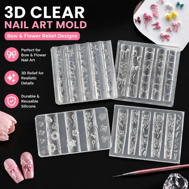 3D Stereo High Clear Nail Carving Accessory Bow Embossed Silicone Mold Durable Drip Shaping Tool Exquisite Nail Art Decoration