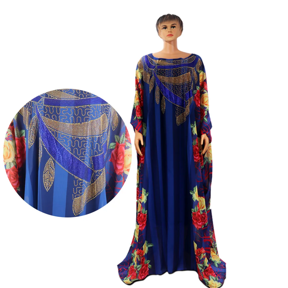 African mom fashionable chiffon printed dress long robe large swing luxury diamond decoration with inner stretch inner skirt