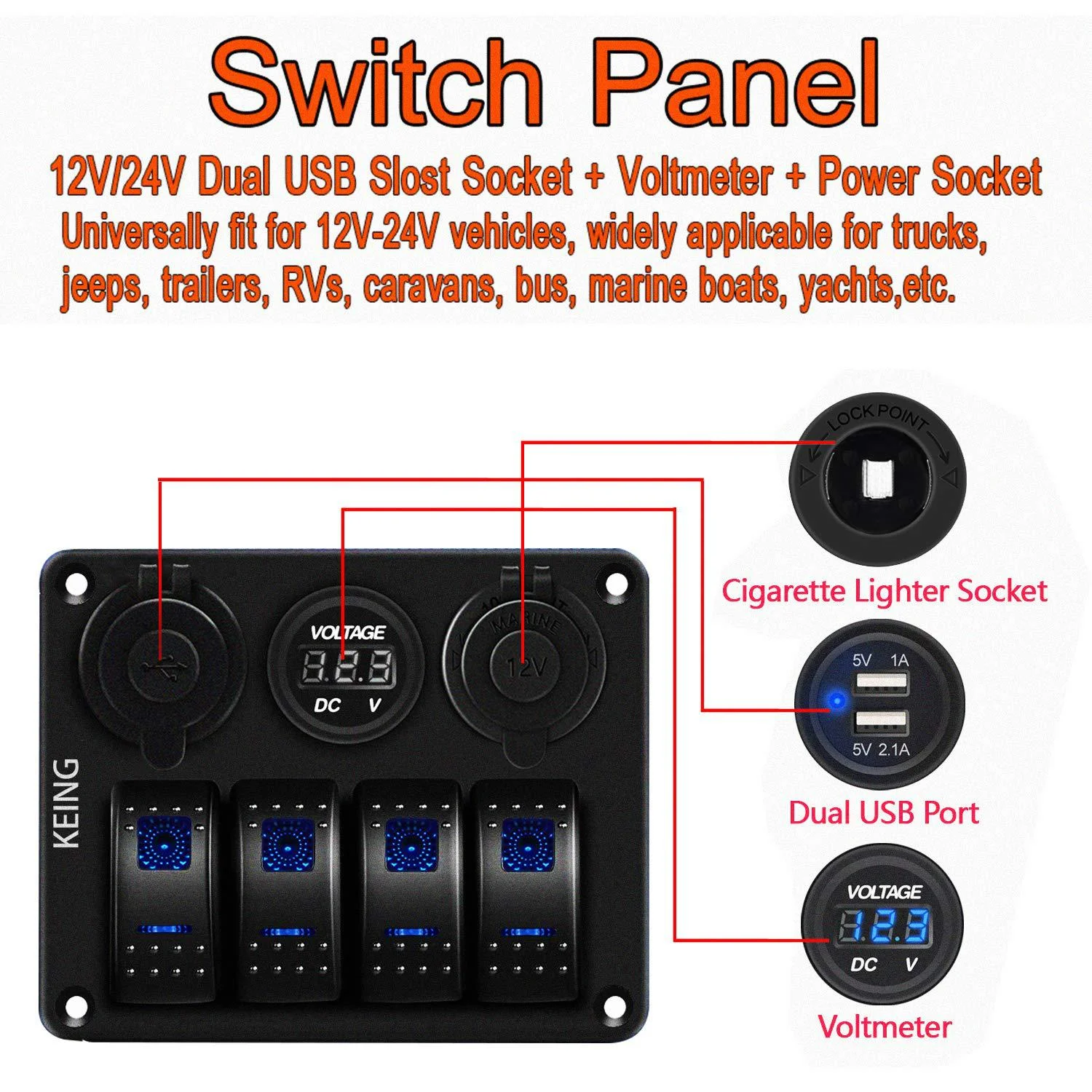 Swing switch LED double-sided board USB interface control panel car power switch car boat yacht modification switch