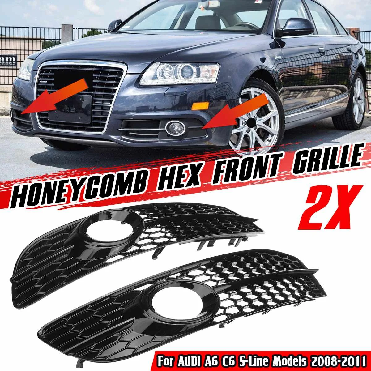 

Car Front Bumper Fog Light Grille HONEYCOMB HEX Fog Lamp Grill Cover For Audi A6 C6 S-Line 2008-2011 4F0807681Q01C 4F0807681Q02C