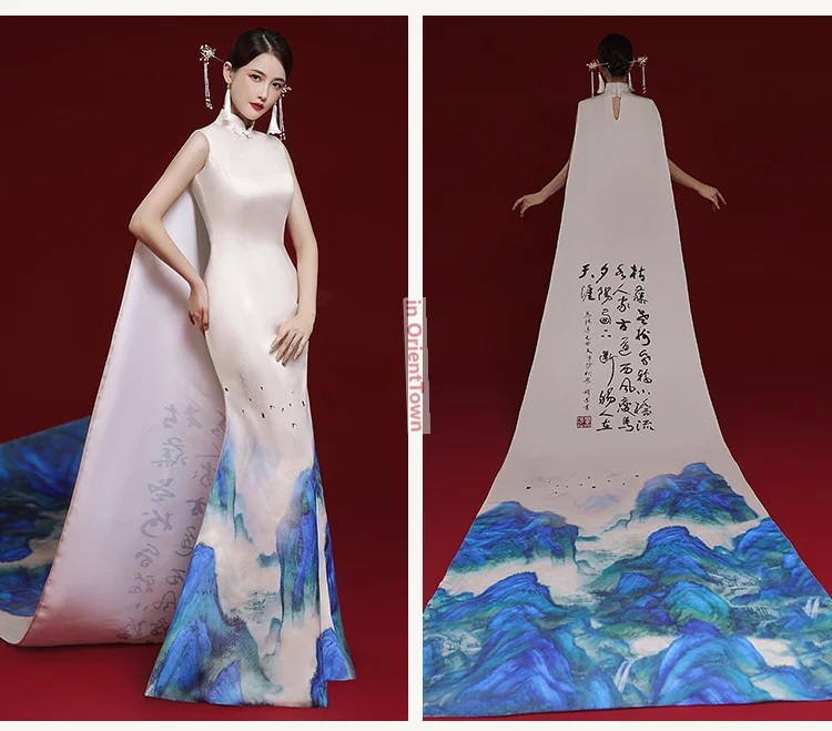 여성 모델 워킹 화려한 치파오 거정 공연 예술 시험 보컬 리딩 가수 의상 앵커우먼 정장 드레스