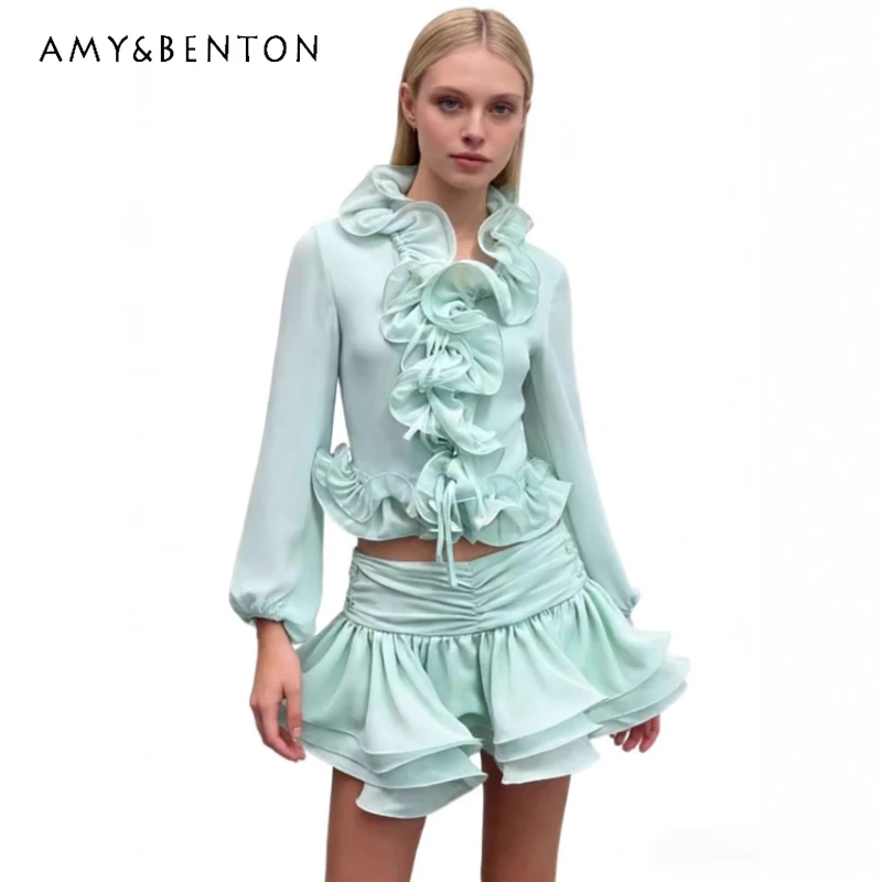 

European American Design Summer Mint Green Ruffled Chiffon Women's Skirt Set French Sweet Spicy Top Puff Skirt Pants Sets Ladies