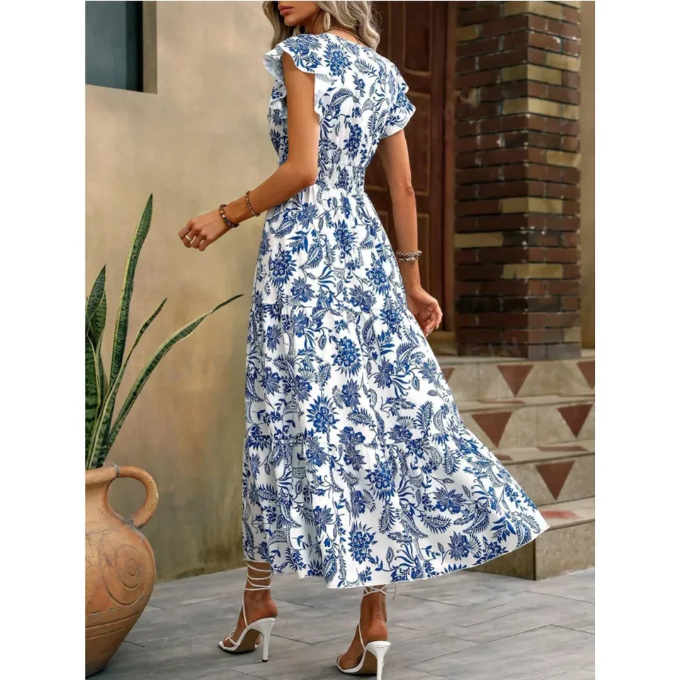 Vestido largo con cuello en V y manga con estampado de flores florales para mujer Vestido sexy de cintura alta