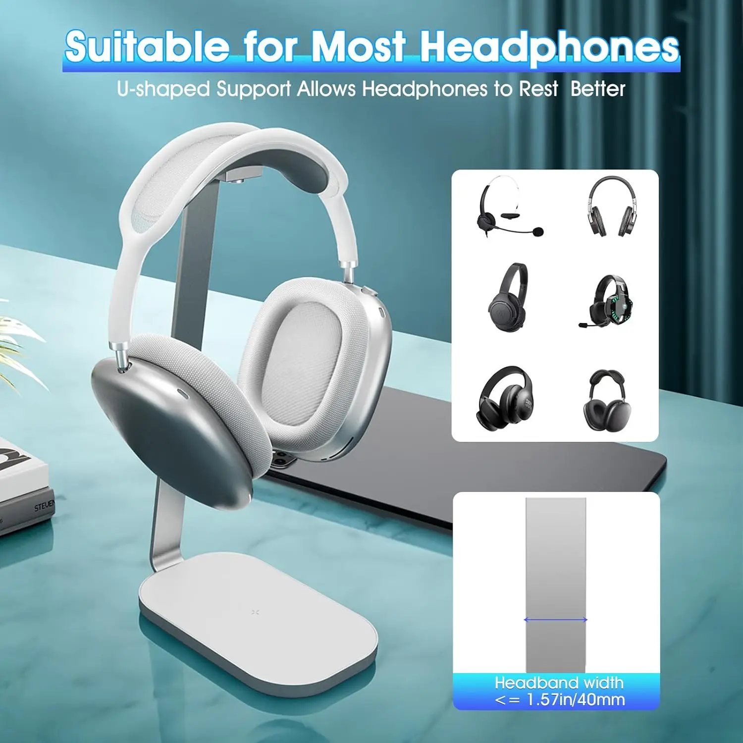 15W Wireless Charging Bluetooth Headphone Stand Wireless Charger Headphone Stand Headphone Mount Metal Headphone Storage Rack