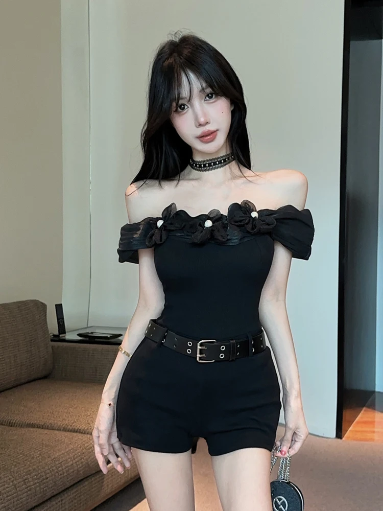 Sexy Sweet Spicy 3D Flower One Shoulder Bodysuit Small Size Pure Desire Shoulder Exposure Slim Fit Base Short Pants
