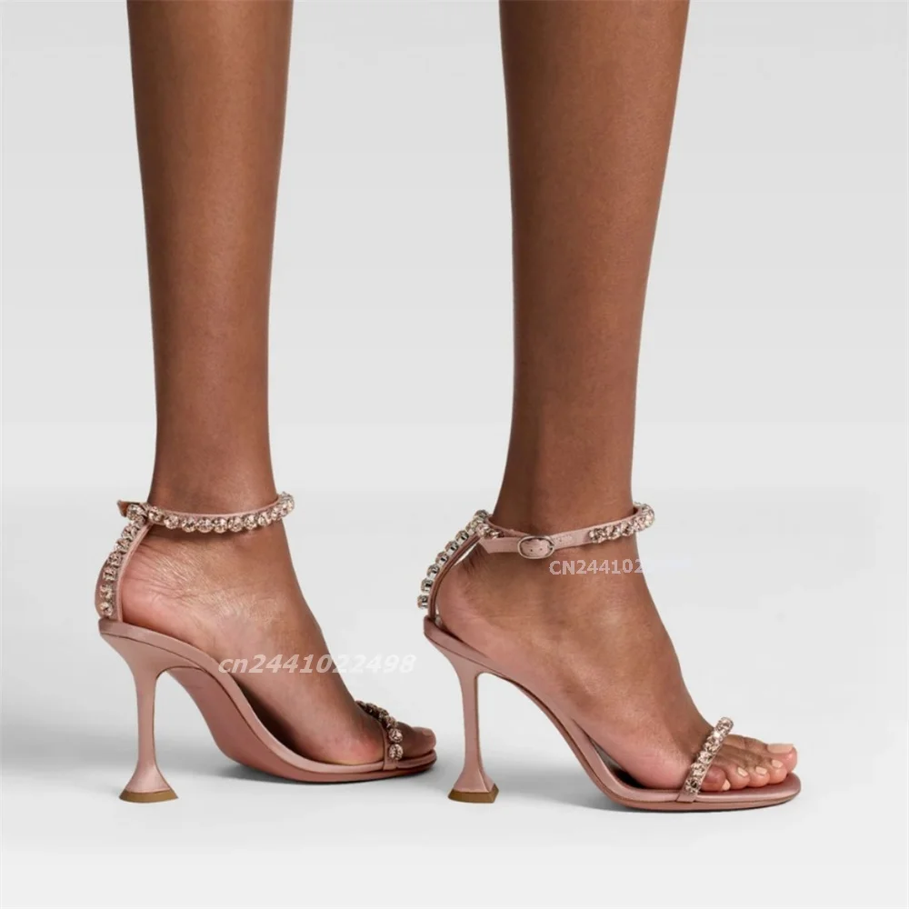 Light Blue Leather Ankle Strap Sandals Square Toe, Crystal Front Band , Buckle Ankle Strap Thin High Heels Sexy Shoes for Women