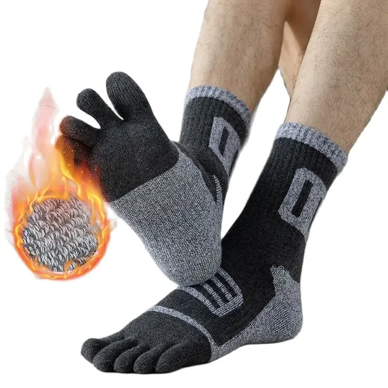 3 Pairs Winter Thick Terry Toe Sport Socks Man  Damping Compression Warm Colorful Fitness Basketball 5 Finger long Socks Sokken