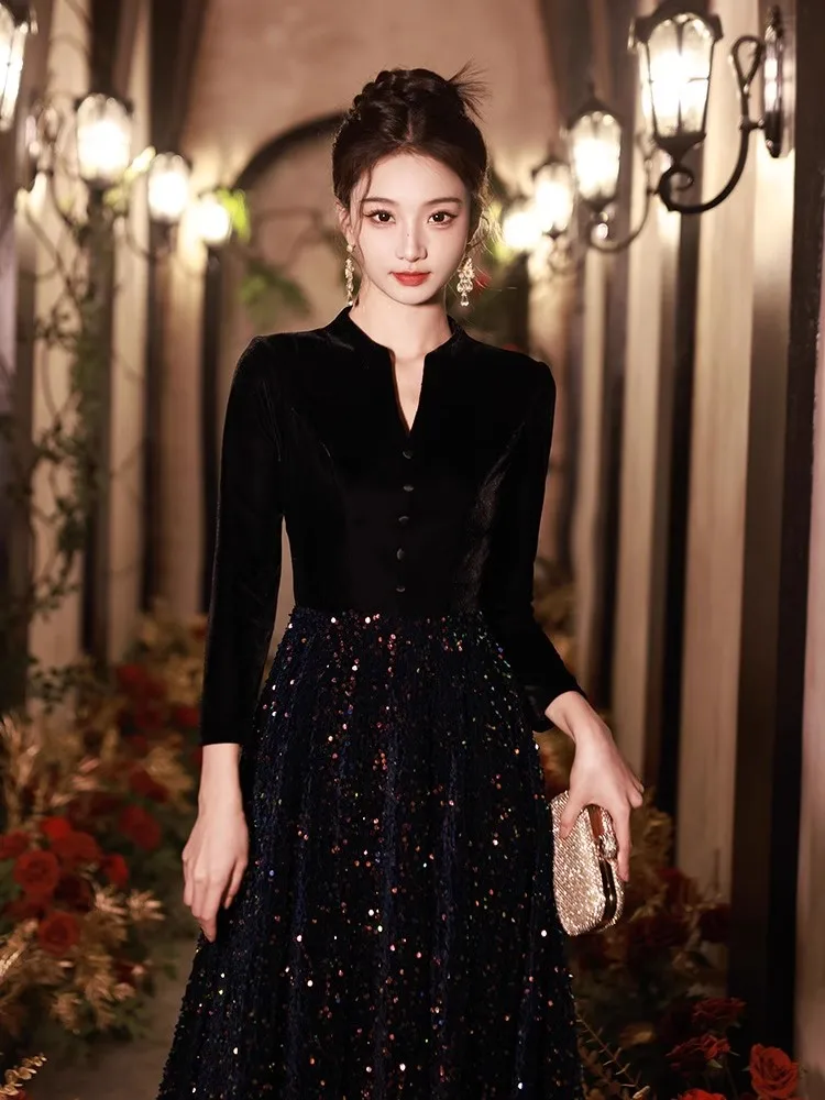 Customized Black Prom Dresses A-Line Sequin Dresses Woman Party Night Prom Dresses with Sleeves