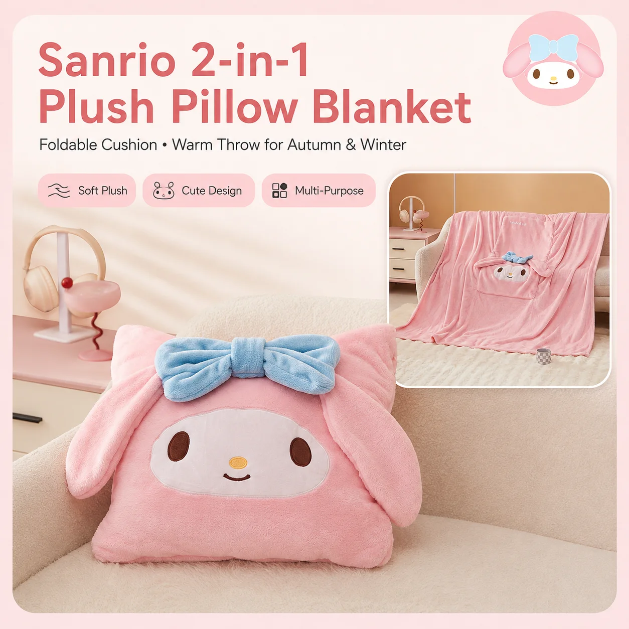 Sanrio My Melody Rosa Herbst-Winter-Wärmekissen, umwandelbar in Kissen-Decke 2 in 1, Milch-Samt Kissen-Decke Geschenk