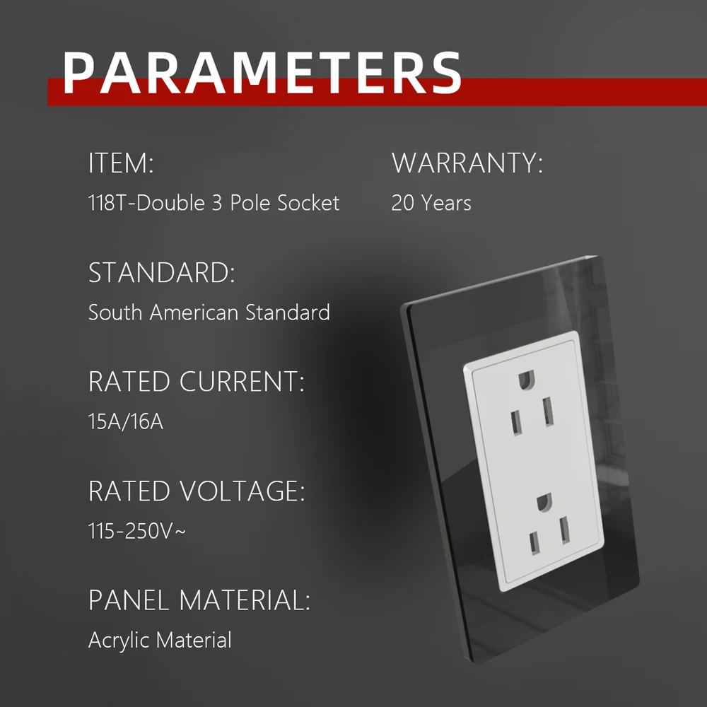 أمريكا الجنوبية 118 نوع لوحة أكريليك الأمريكية شقة ستة حفرة المقبس 16A مقبس الحائط 110-250 فولت