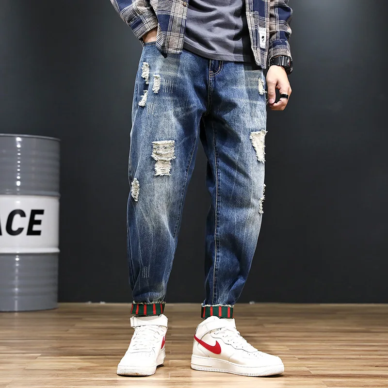 

Spring New Oversized Harem Pants Men's American Style Distressed Loose Washed Jeans Y2k Summer Fashion Japanese Streetwear