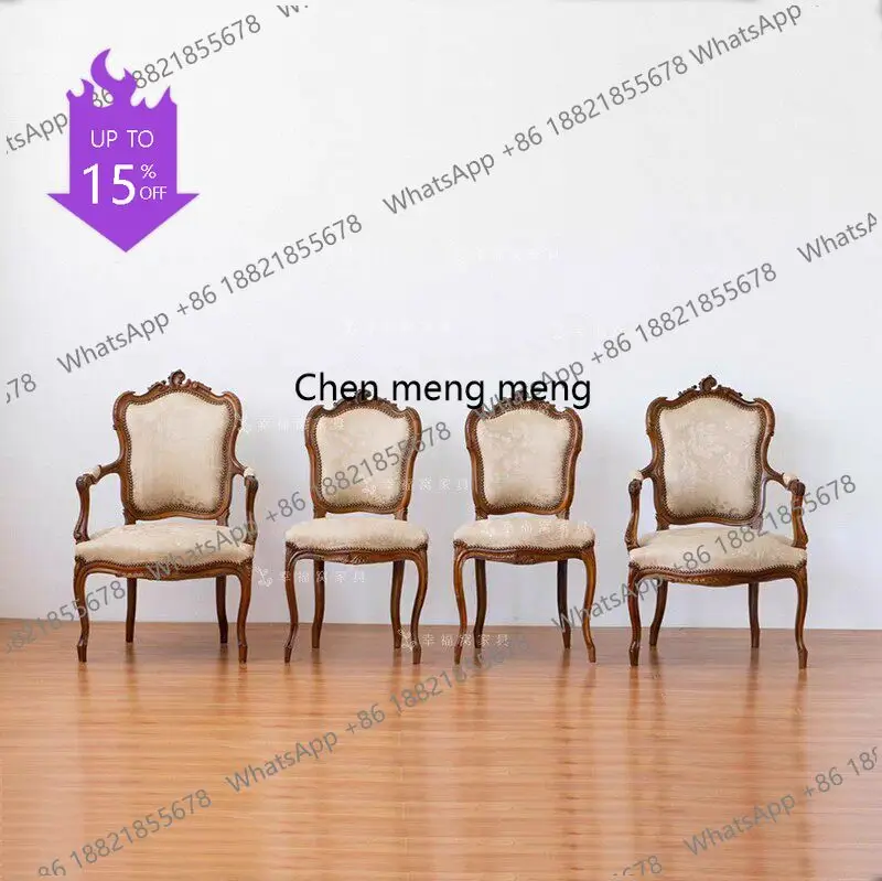 

M53 French Solid Wood Retro Carved Home Dining Chair Fabric Armchair Leisure Sofa Chair