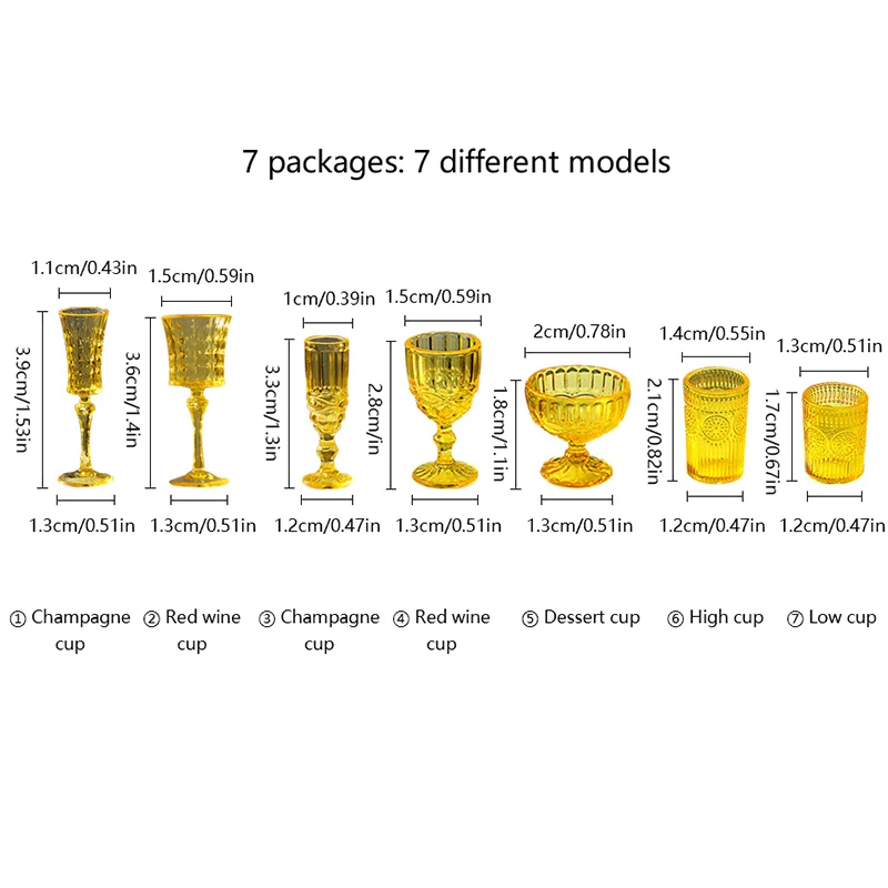 7 ピース/セット 1:6 ミニチュアウォーターカップ彫刻ワイングラスシャンパングラスモデルキッチン家具ドールハウスアクセサリーふりおもちゃ